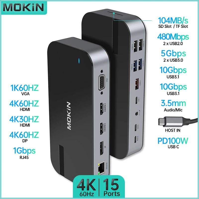 MOKiN 15 in 1 ŷ ̼ - USB3.1, HDMI 4K60Hz, PD 100W, SD, RJ45 1Gbps - MacBook Air/Pro, iPad, Thunderbolt ƮϿ